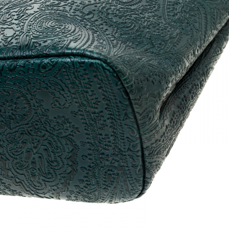 Pre Owned Etro Green Leather Paisley Embossed Shopper Tote