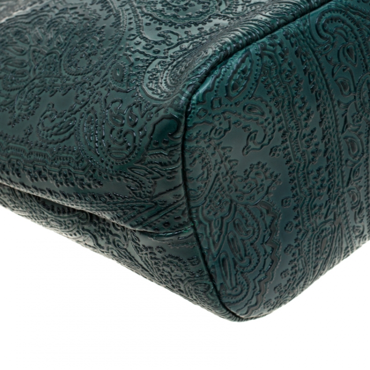 Pre Owned Etro Green Leather Paisley Embossed Shopper Tote