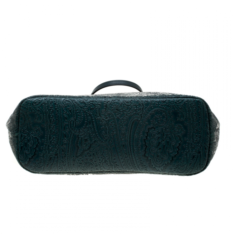 Pre Owned Etro Green Leather Paisley Embossed Shopper Tote