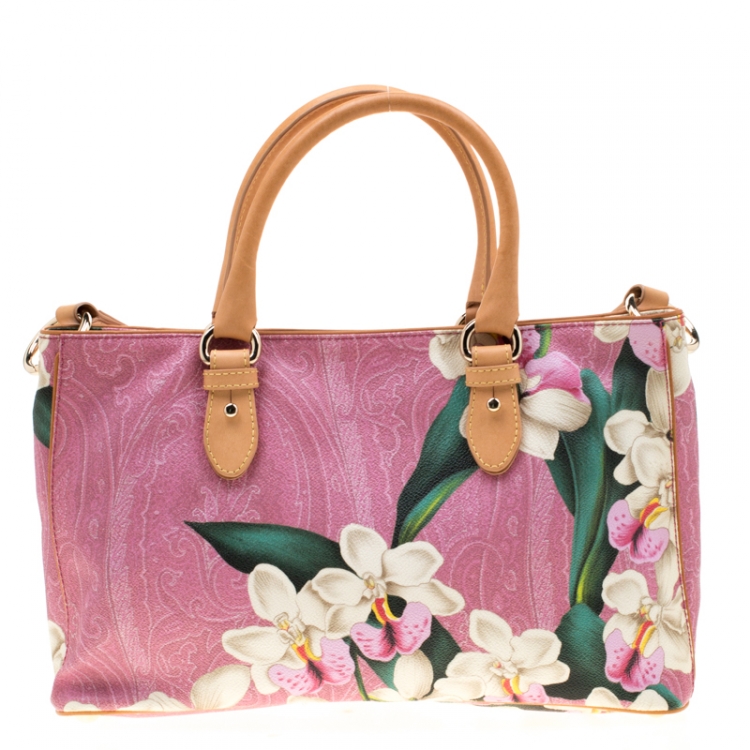 Pre Owned Etro Pink/Light Brown Floral Paisley Printed Coated Canvas Tote
