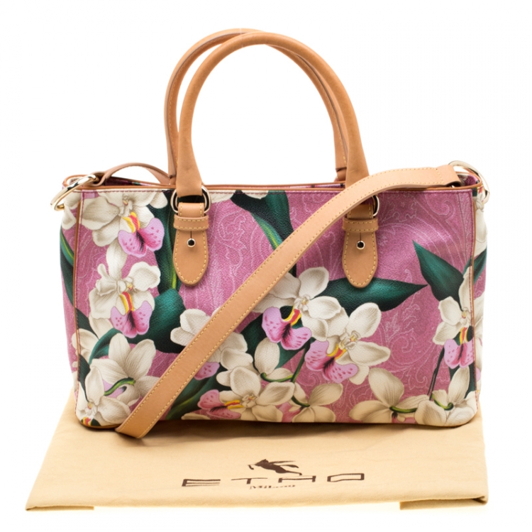Pre Owned Etro Pink/Light Brown Floral Paisley Printed Coated Canvas Tote