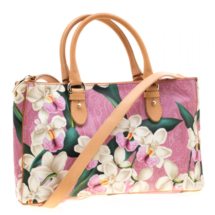Pre Owned Etro Pink/Light Brown Floral Paisley Printed Coated Canvas Tote