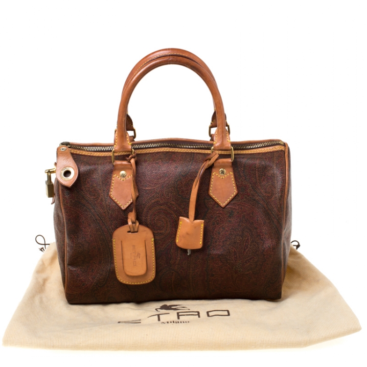 Pre Owned Etro Brown Paisley Printed Coated Canvas and Leather Boston Bag             