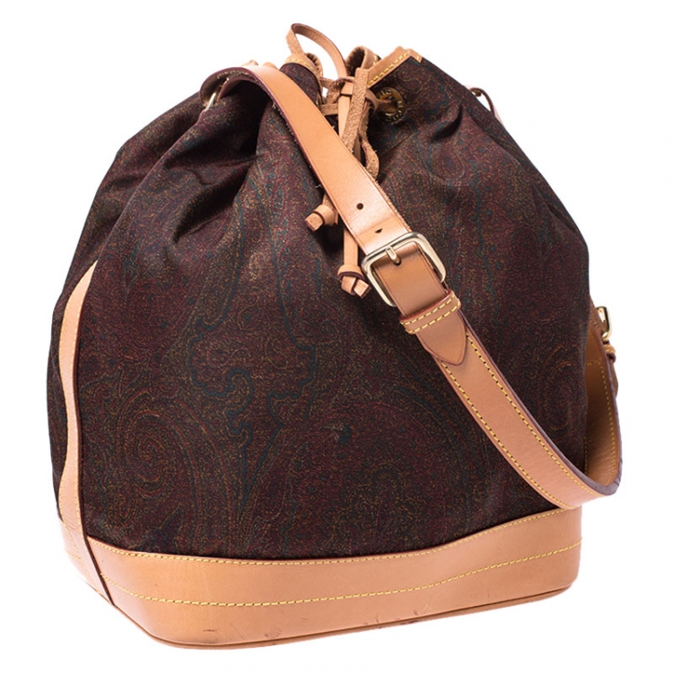 Pre Owned Etro Brown Paisley Printed Satin and Leather Drawstring Bucket Bag