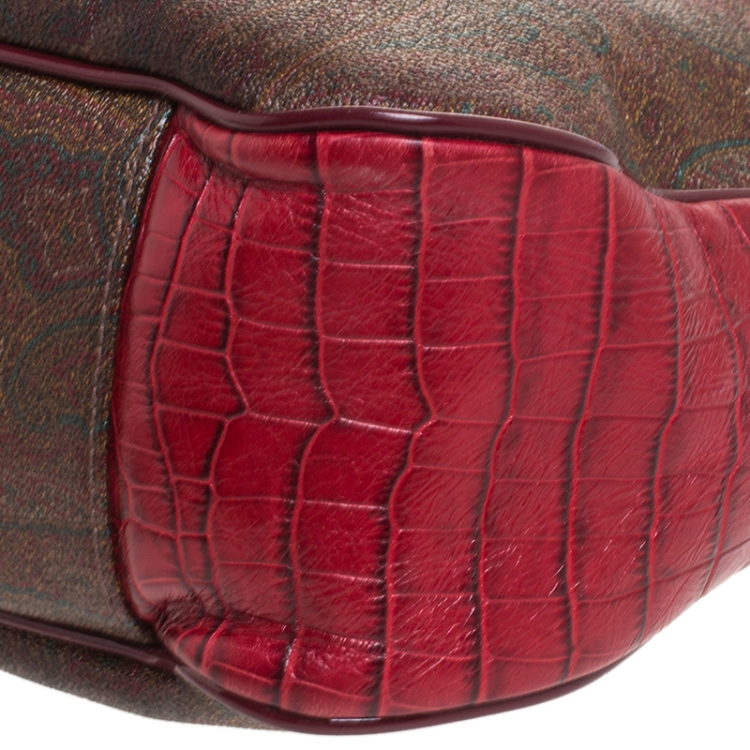 Pre Owned Etro Red/Brown Paisley Print and Croc Embossed Leather Hobo