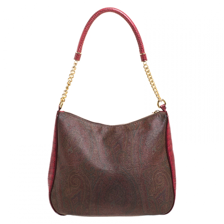Pre Owned Etro Red/Brown Paisley Print and Croc Embossed Leather Hobo