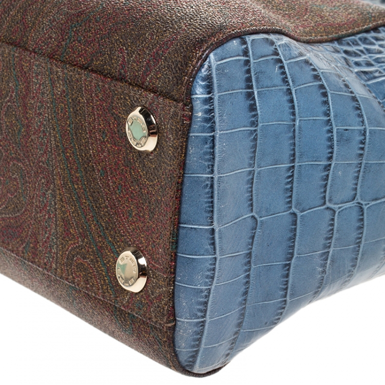 Pre Owned Etro Brown/Blue Paisley Print Coated Canvas and Croc Embossed Leather E Logo Tote