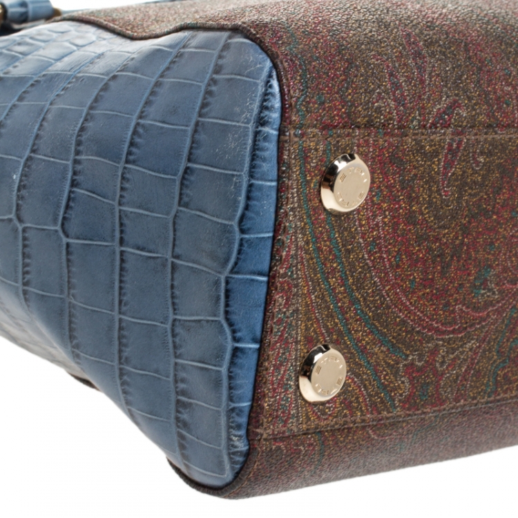Pre Owned Etro Brown/Blue Paisley Print Coated Canvas and Croc Embossed Leather E Logo Tote
