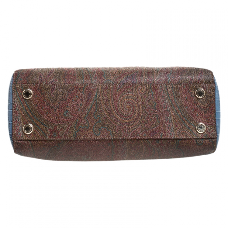 Pre Owned Etro Brown/Blue Paisley Print Coated Canvas and Croc Embossed Leather E Logo Tote