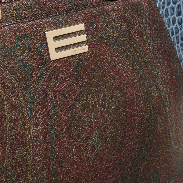 Pre Owned Etro Brown/Blue Paisley Print Coated Canvas and Croc Embossed Leather E Logo Tote