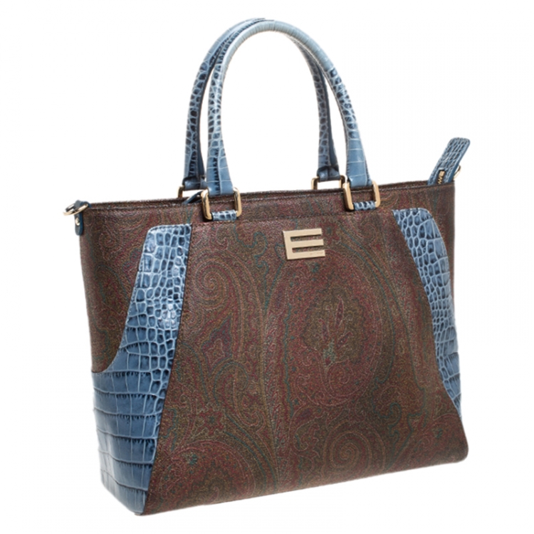 Pre Owned Etro Brown/Blue Paisley Print Coated Canvas and Croc Embossed Leather E Logo Tote