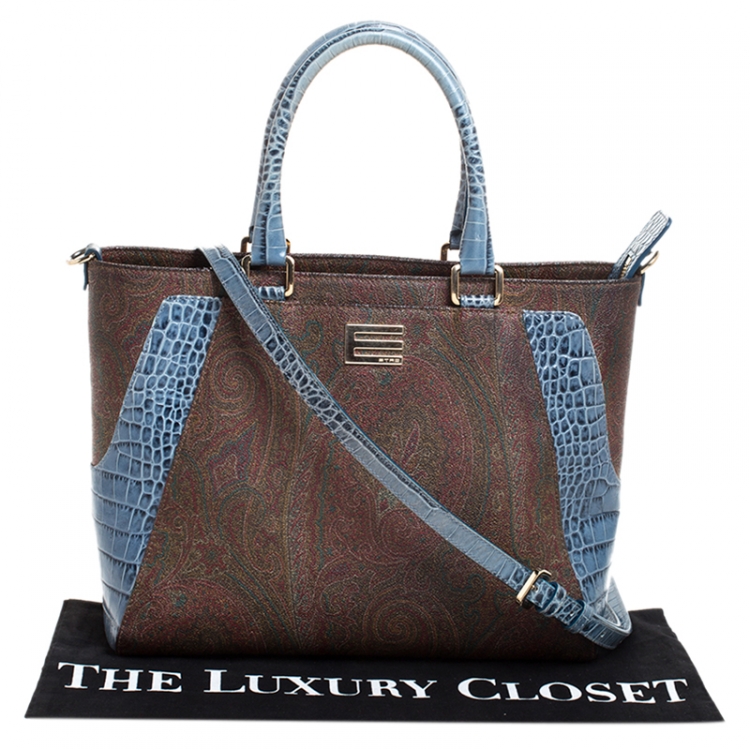 Pre Owned Etro Brown/Blue Paisley Print Coated Canvas and Croc Embossed Leather E Logo Tote