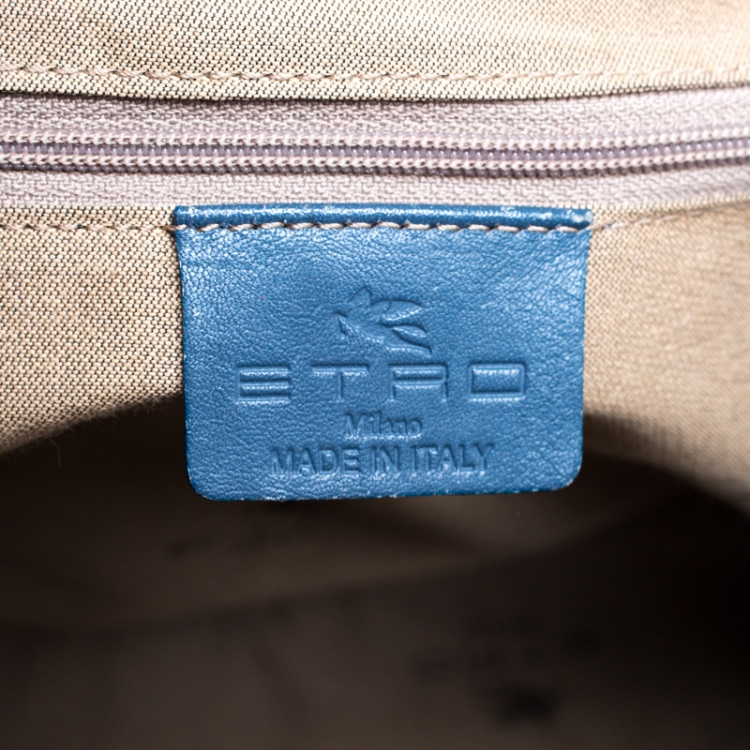 Pre Owned Etro Brown/Blue Paisley Print Coated Canvas and Croc Embossed Leather E Logo Tote