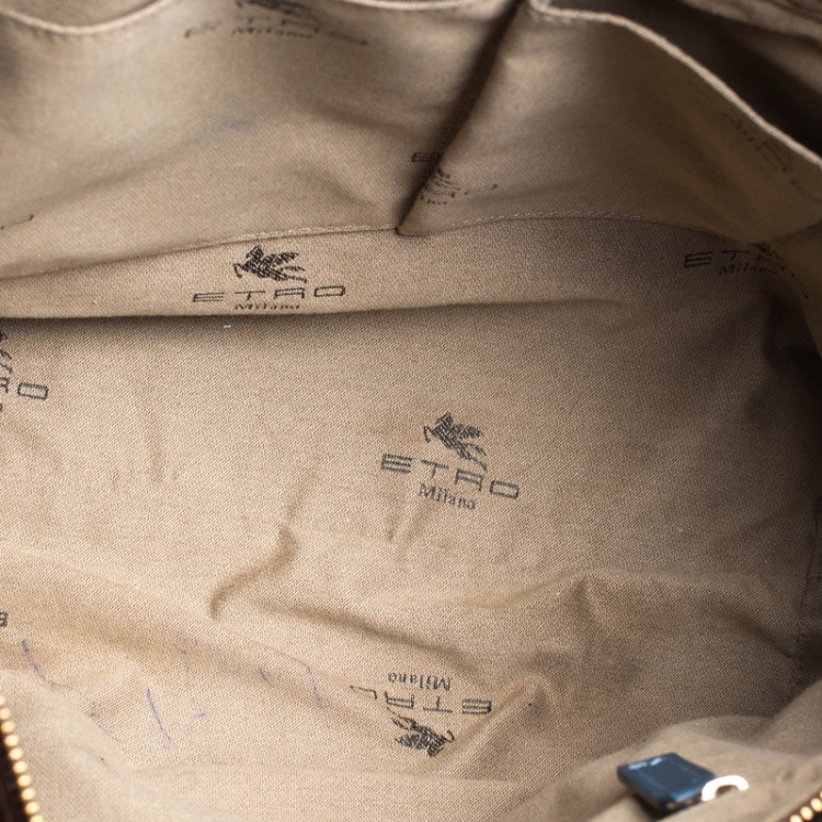 Pre Owned Etro Brown/Blue Paisley Print Coated Canvas and Croc Embossed Leather E Logo Tote