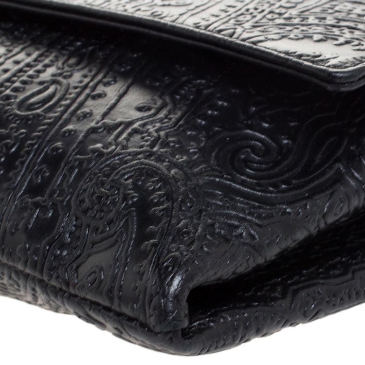 Pre Owned Etro Black Leather Embossed Flap Shoulder Bag