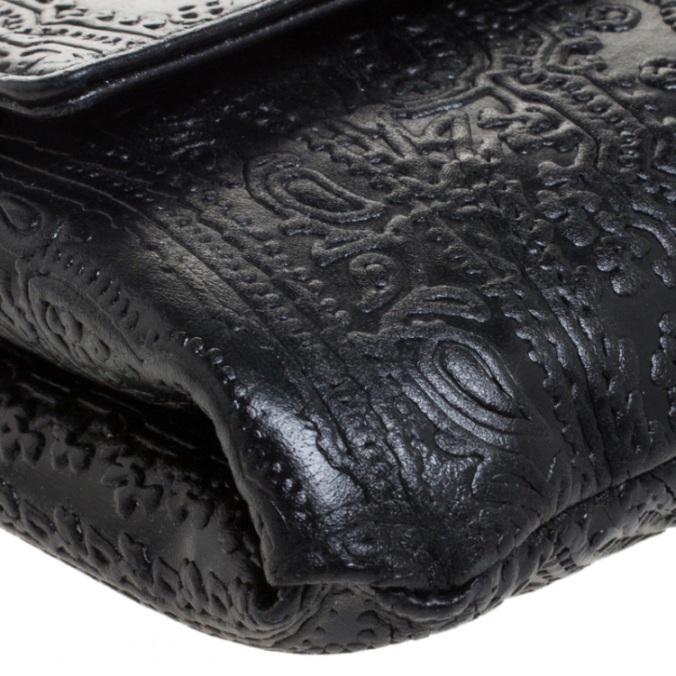 Pre Owned Etro Black Leather Embossed Flap Shoulder Bag