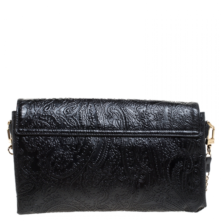 Pre Owned Etro Black Leather Embossed Flap Shoulder Bag
