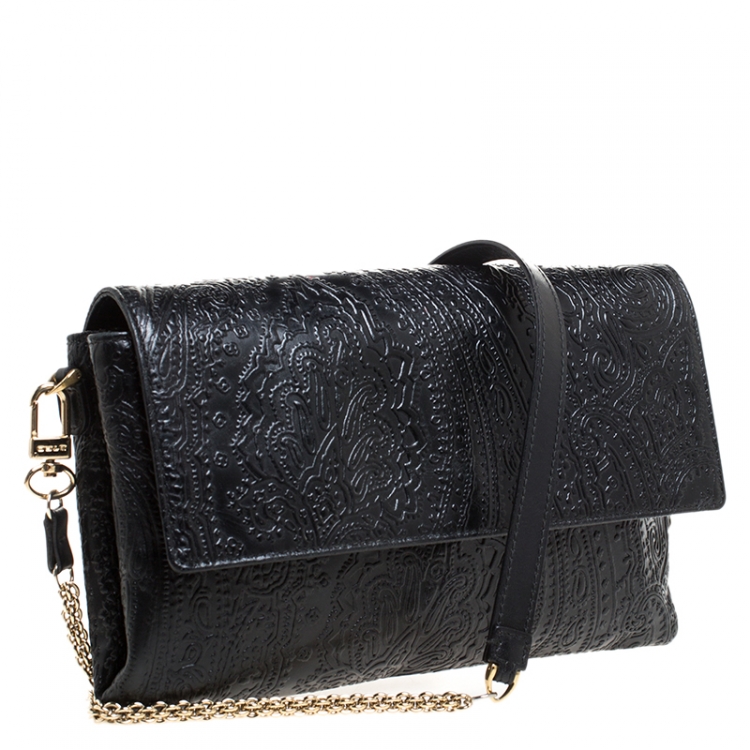 Pre Owned Etro Black Leather Embossed Flap Shoulder Bag