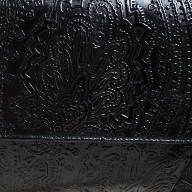 Pre Owned Etro Black Leather Embossed Flap Shoulder Bag