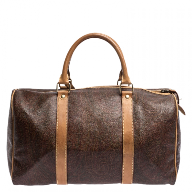 Pre Owned Etro Brown Paisley Printed Coated Canvas and Leather Weekender Bag