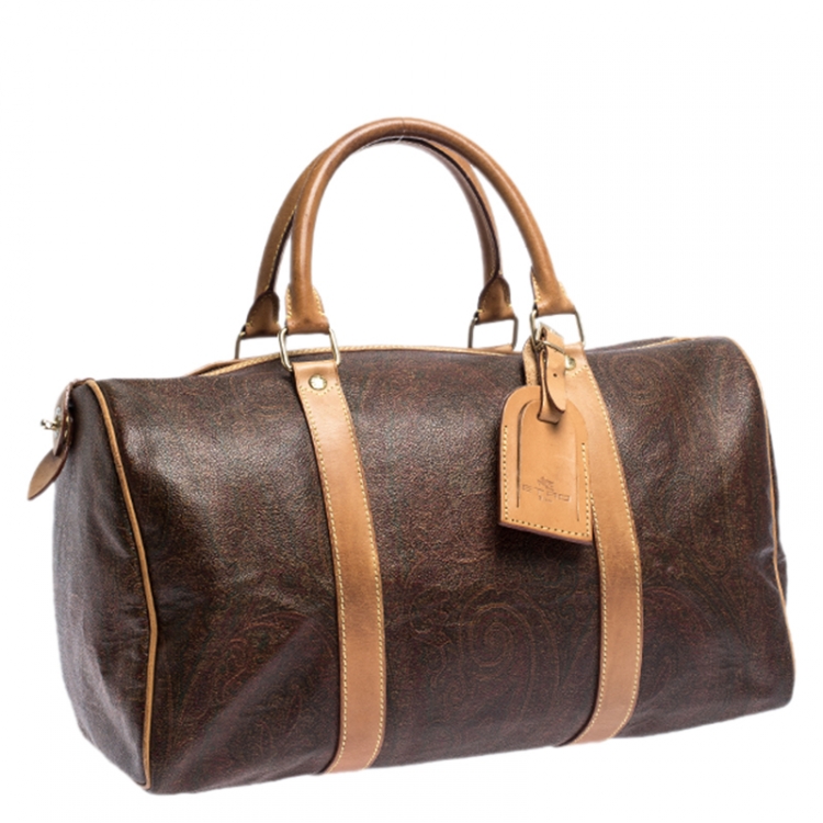 Pre Owned Etro Brown Paisley Printed Coated Canvas and Leather Weekender Bag
