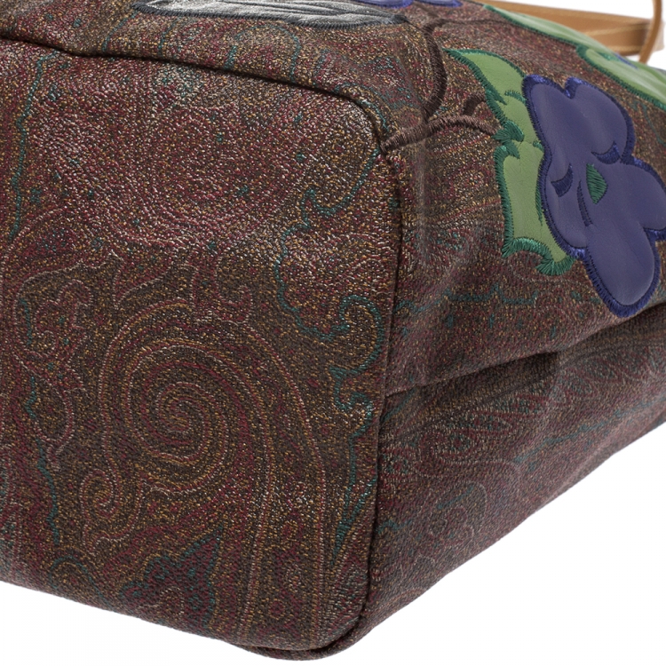 Pre Owned Etro Brown Paisley Embroidered Coated Canvas Tote