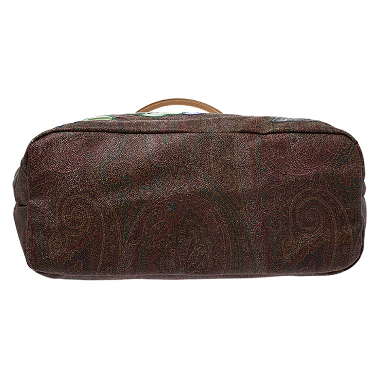Pre Owned Etro Brown Paisley Embroidered Coated Canvas Tote