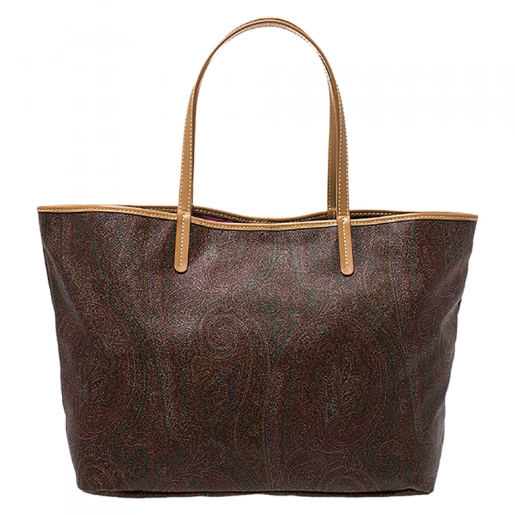 Pre Owned Etro Brown Paisley Embroidered Coated Canvas Tote