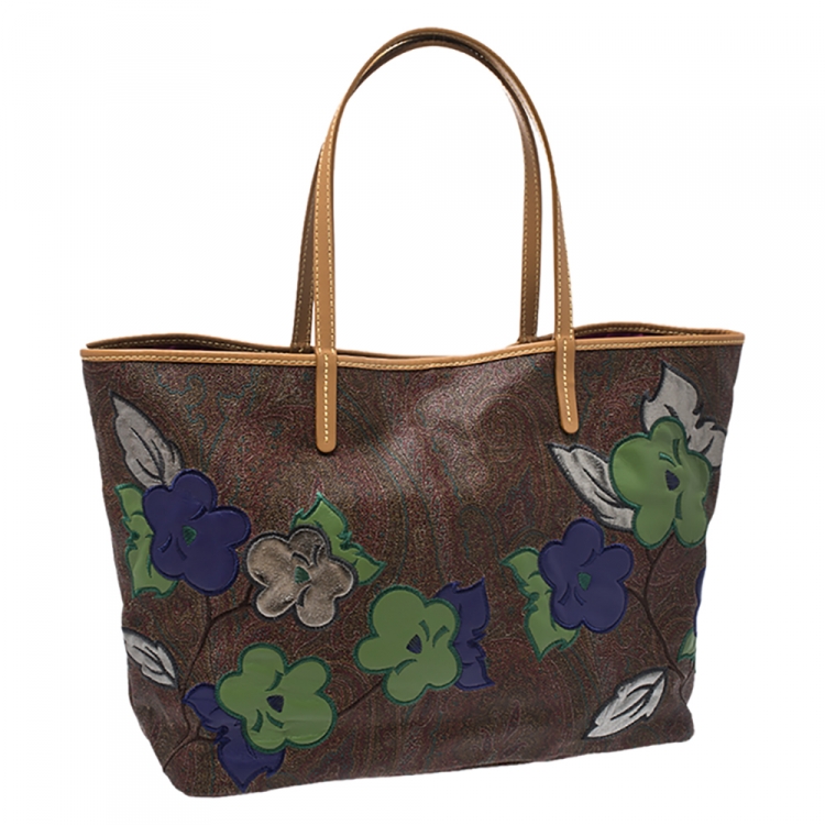 Pre Owned Etro Brown Paisley Embroidered Coated Canvas Tote