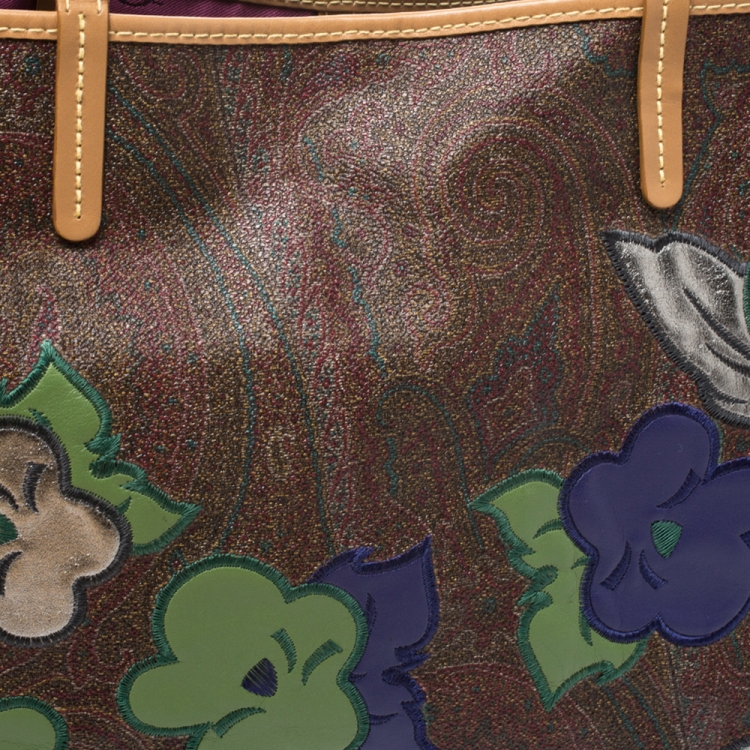 Pre Owned Etro Brown Paisley Embroidered Coated Canvas Tote