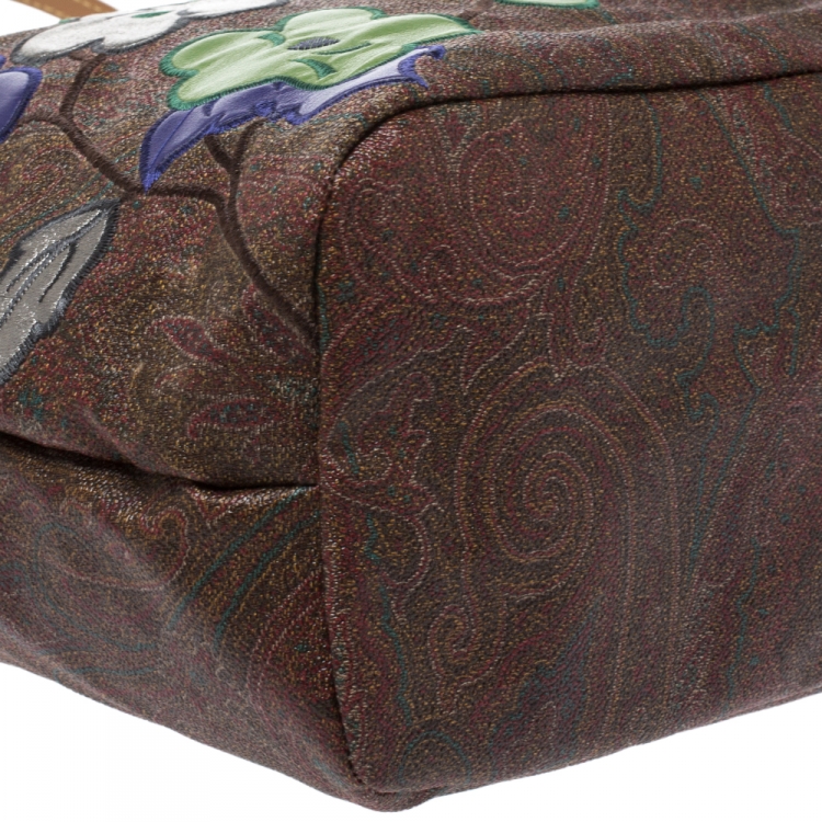 Pre Owned Etro Brown Paisley Embroidered Coated Canvas Tote