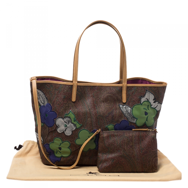Pre Owned Etro Brown Paisley Embroidered Coated Canvas Tote