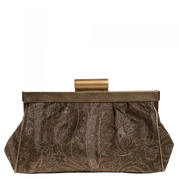 Pre Owned Etro Metallic Gold/Green Paisley Print Lame Fabric Frame Clutch