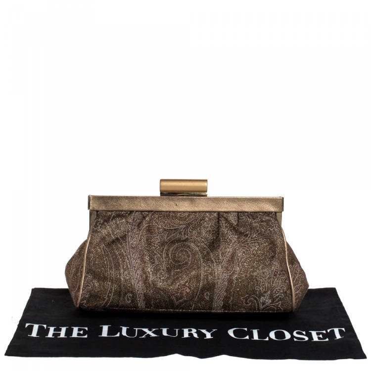 Pre Owned Etro Metallic Gold/Green Paisley Print Lame Fabric Frame Clutch