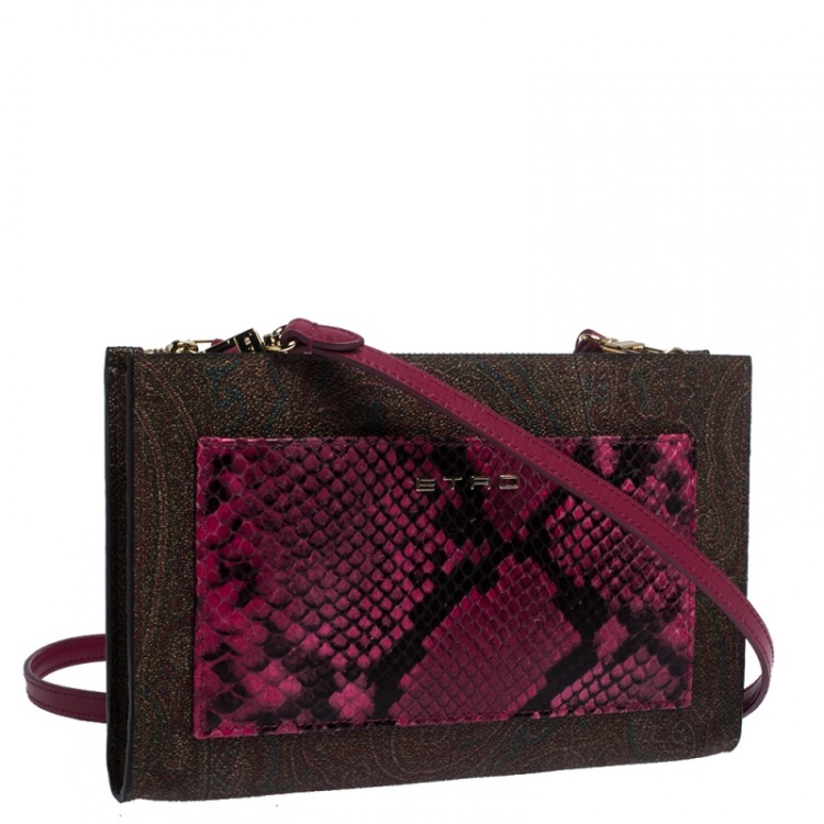 Pre Owned Etro Paisley Printed Coated Canvas and Snakeskin Effect Leather Crossbody Bag