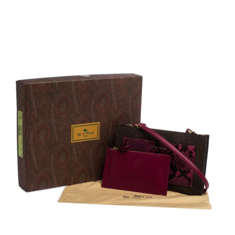 Pre Owned Etro Paisley Printed Coated Canvas and Snakeskin Effect Leather Crossbody Bag