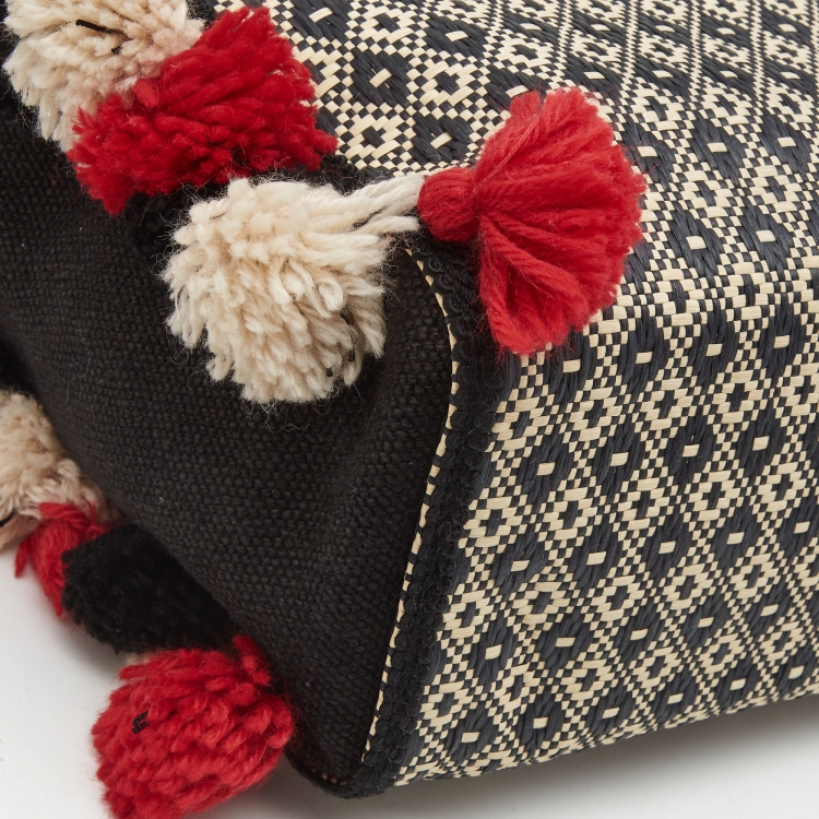 Pre Owned Etro Multicolor Printed Woven Straw and Canvas Pom Pom Embellished Tote  