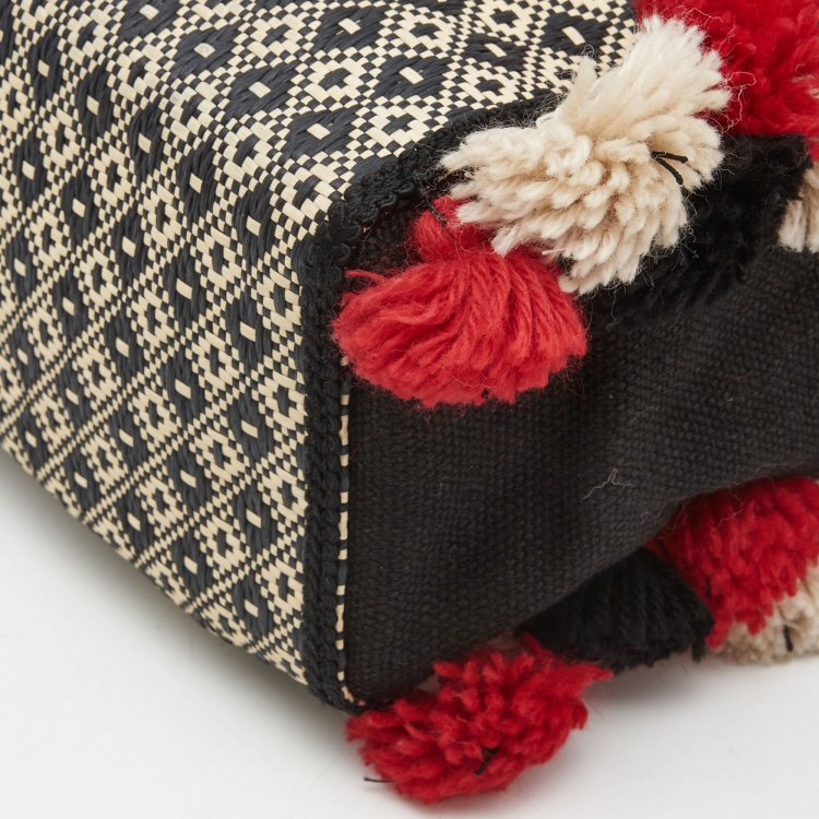 Pre Owned Etro Multicolor Printed Woven Straw and Canvas Pom Pom Embellished Tote  