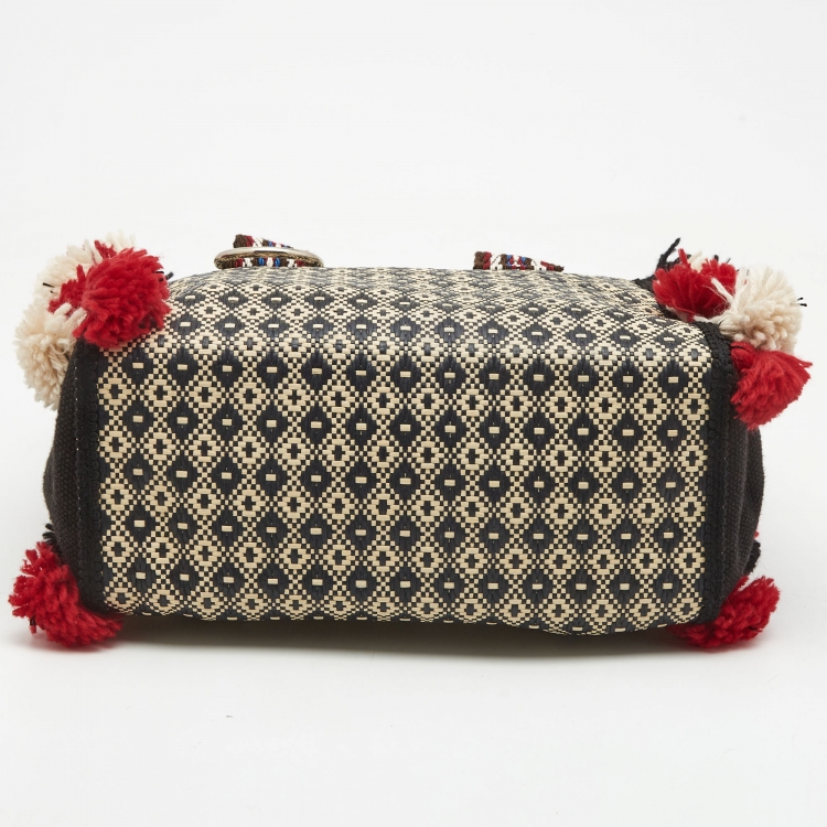 Pre Owned Etro Multicolor Printed Woven Straw and Canvas Pom Pom Embellished Tote  