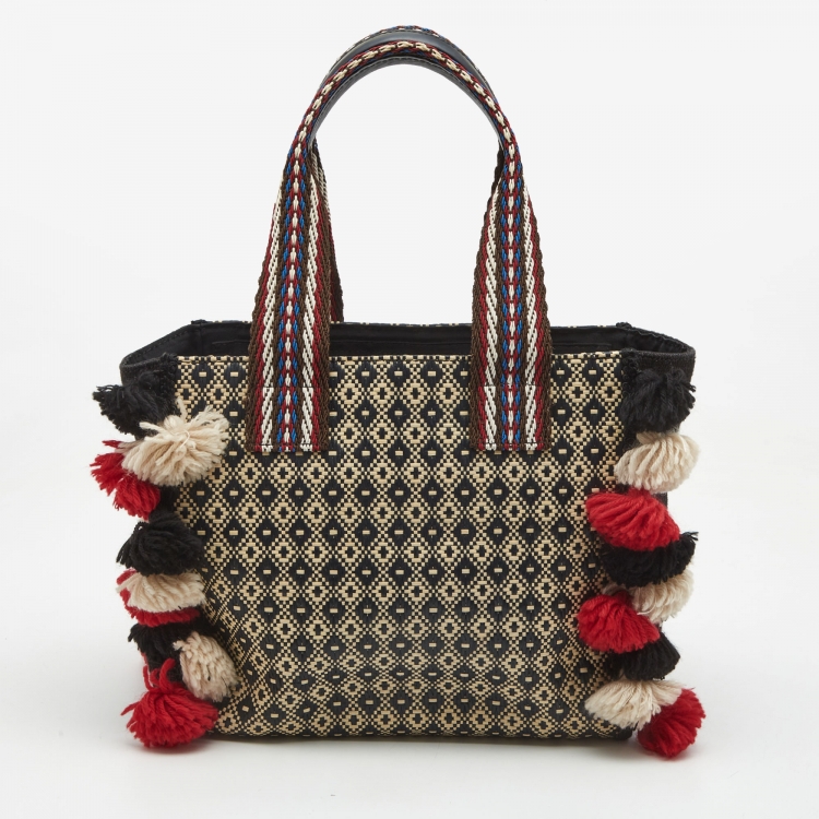 Pre Owned Etro Multicolor Printed Woven Straw and Canvas Pom Pom Embellished Tote  