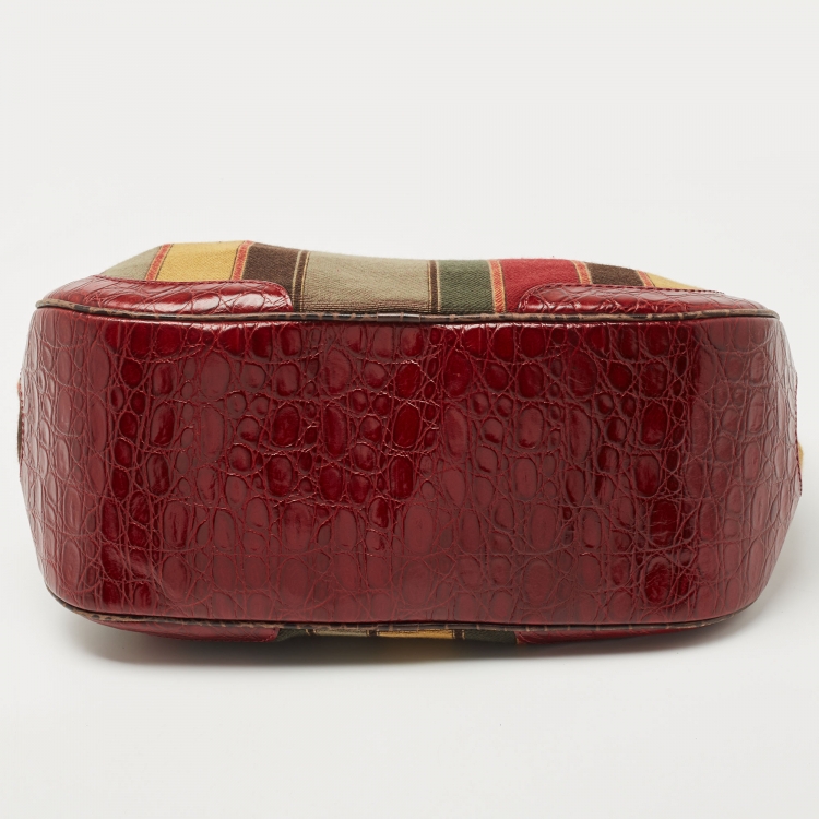 Pre Owned Etro Red/Multicolor Printed Canvas and Croc Embossed Leather Hobo