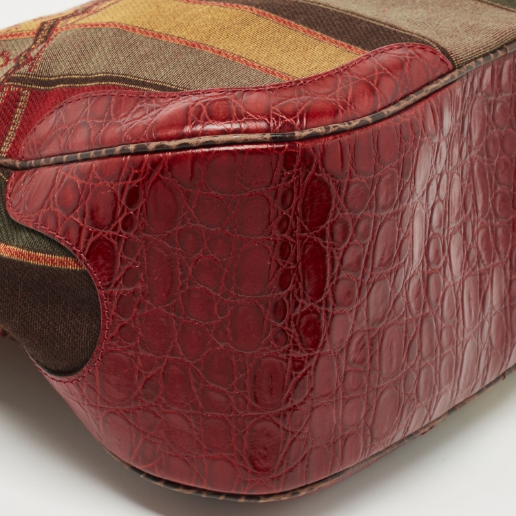 Pre Owned Etro Red/Multicolor Printed Canvas and Croc Embossed Leather Hobo