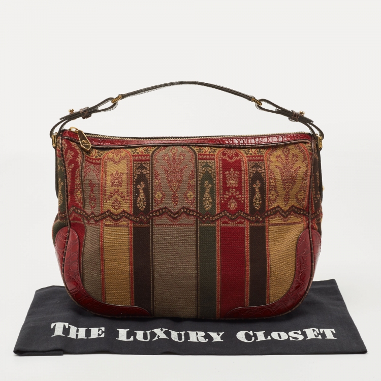 Pre Owned Etro Red/Multicolor Printed Canvas and Croc Embossed Leather Hobo