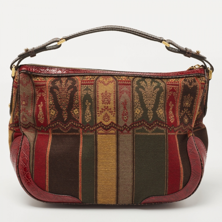 Pre Owned Etro Red/Multicolor Printed Canvas and Croc Embossed Leather Hobo
