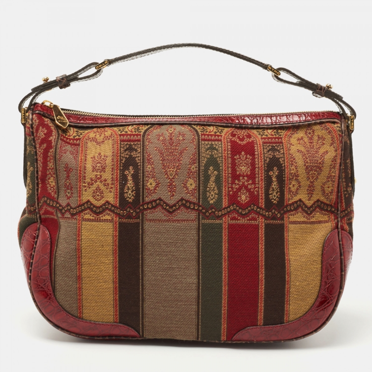 Pre Owned Etro Red/Multicolor Printed Canvas and Croc Embossed Leather Hobo
