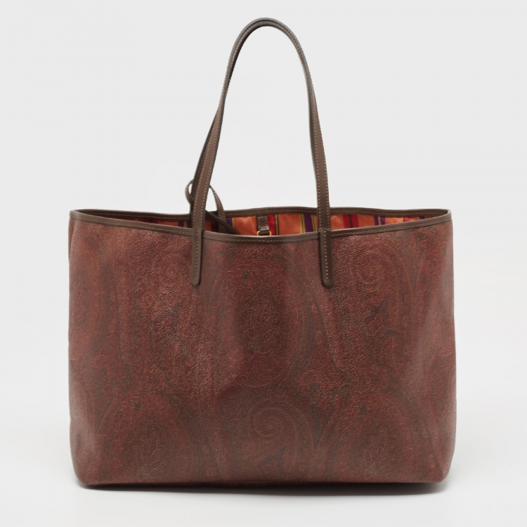 Pre Owned Etro Brown Paisley Print Coated Canvas Sequin Logo Shopper Tote