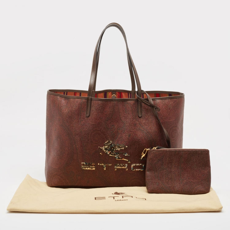 Pre Owned Etro Brown Paisley Print Coated Canvas Sequin Logo Shopper Tote