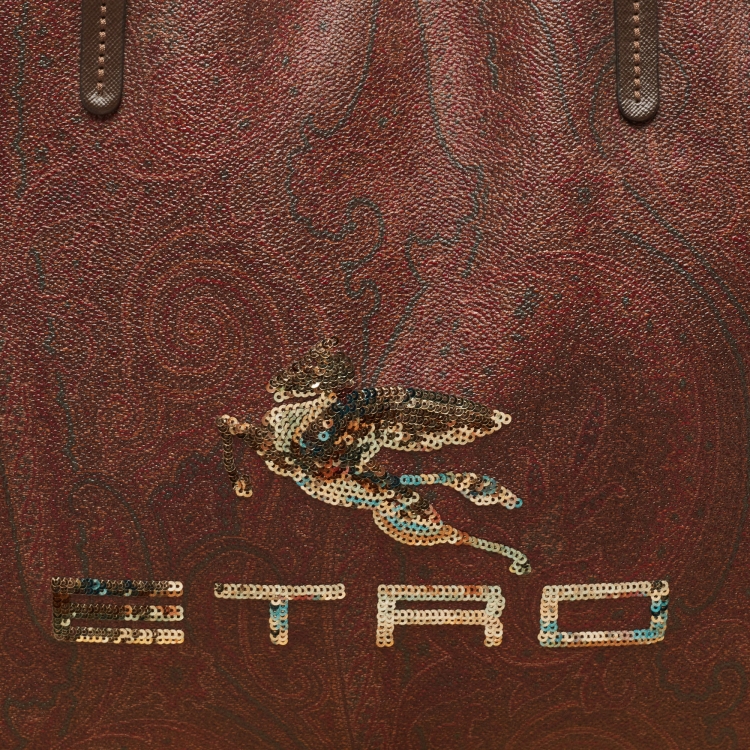 Pre Owned Etro Brown Paisley Print Coated Canvas Sequin Logo Shopper Tote