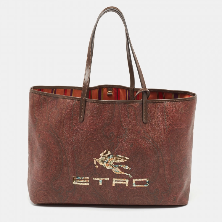 Pre Owned Etro Brown Paisley Print Coated Canvas Sequin Logo Shopper Tote
