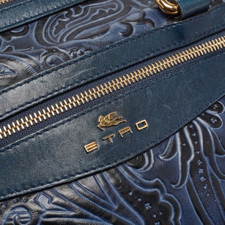 Pre Owned Etro Blue/Black Paisley Embossed Leather Front Pocket Boston Bag 